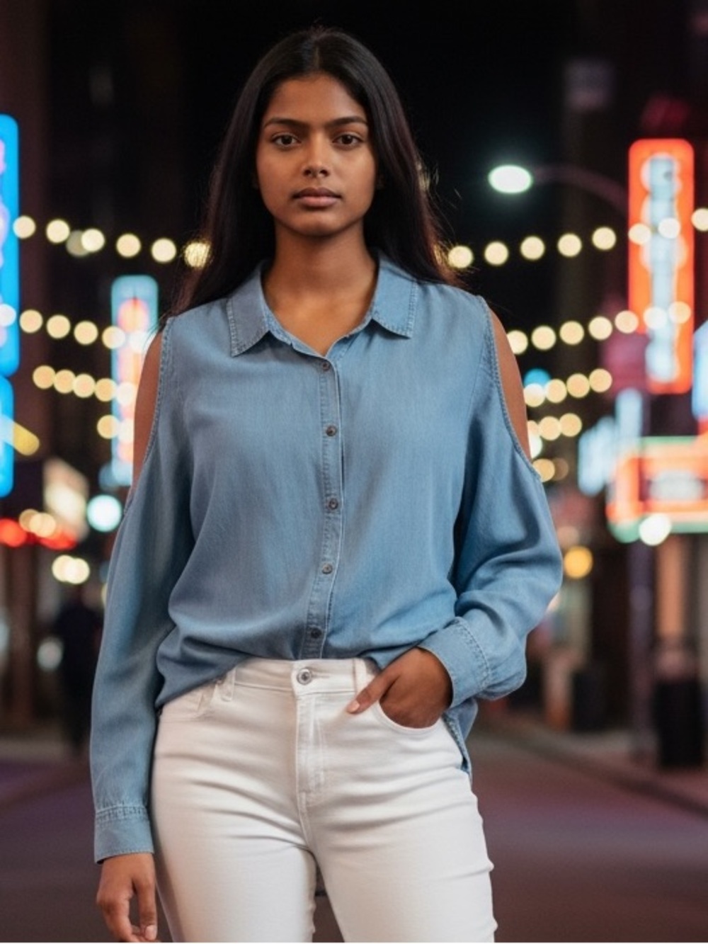 Soft Denim Relaxed Button Down Shirt – Cutout Shoulder, 3X - Picture 2 of 9